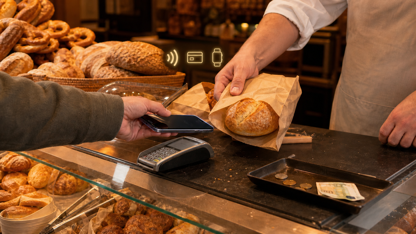 Kunde zahlt kontaktlos mit dem Smartphone am Kartenterminal einer Bäckerei (KI-generiertes Bild)